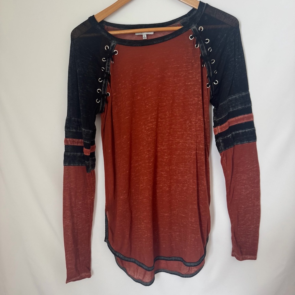 Women's Rust and Black Lace-Up Long Sleeve Top